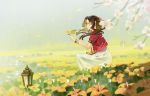  1girl aerith_gainsborough bow bracelet brown_hair character_name copyright_name cropped_jacket dress field final_fantasy final_fantasy_vii flower flower_basket flower_field hair_bow jacket jewelry lantern petals red_jacket smile solo squatting yusheng 