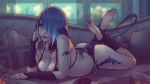  animal_humanoid au_ra barefoot blue_hair blush bra breasts cleavage clothed clothing final_fantasy hair hair_over_eye horn horned_humanoid humanoid looking_at_viewer mammal one_eye_obstructed panties scalie scalie_humanoid soranamae square_enix toes underwear video_games 