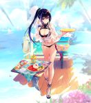  1girl beach bikini black_bikini blurry blurry_background blush boat breasts bush choker cleavage collarbone cup dark_blue_hair day deck eyebrows_visible_through_hair food forcas fork fruit full_body hair_between_eyes halter_top halterneck holding holding_plate large_breasts leaning_forward light_blue_hair long_hair looking_at_viewer multicolored_hair navel ocean outdoors palm_tree phantom_of_the_kill plate ponytail purple_eyes railing rice sandals see-through shirt spoon standing swimsuit table towel tray tree two-tone_hair water watercraft wet wet_clothes wet_shirt wristband 