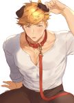  1boy animal_ears bangs bara blonde_hair blush brown_pants chest collar collarbone covered_abs dog_collar granblue_fantasy green_eyes hand_up higashigunkan long_sleeves looking_at_viewer male_focus manly muscle open_clothes open_mouth pants pectorals shirt solo toned toned_male upper_body v-neck vane_(granblue_fantasy) white_background white_shirt 