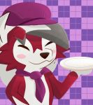  2020 ambiguous_gender black_nose blush blush_stickers bow_tie canid canine clothing eyes_closed fur hair happy hat headgear headwear lycanroc mammal midnight_lycanroc nintendo plate pok&eacute;mon pok&eacute;mon_(species) pokemon_cafe_mix purple_background red_body red_fur serial_(artist) simple_background solo video_games white_body white_fur white_hair 