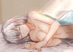  1girl absurdres bed bedroom breasts cleavage closed_eyes collarbone girls_frontline grey_hair highres huge_filesize long_hair medium_breasts navel nude open_mouth simple_background sleeping solo stomach sunlight svd_(girls_frontline) svd_fun 
