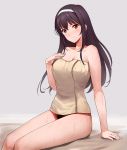  1girl a1 bangs black_hair breasts cleavage closed_mouth eyebrows_visible_through_hair grey_background hair_between_eyes hairband hand_on_own_chest hand_up kasumigaoka_utaha large_breasts long_hair looking_at_viewer naked_towel pubic_hair red_eyes saenai_heroine_no_sodatekata simple_background sitting smile solo thighs towel wet white_hairband yellow_towel 