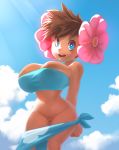  1girl alternate_breast_size areola_slip areolae arms_behind_back backlighting bare_shoulders blue_eyes blue_sky bottomless breasts brown_hair cleavage cloud cloudy_sky dark_areolae dark_skin day elite_four flower fuyou_(pokemon) hair_flower hair_ornament highres large_breasts lips mystical navel no_panties open_mouth parted_lips pokemon pokemon_(game) pokemon_rse print_sarong pussy sarong short_hair sky slender_waist smile solo strapless taut_clothes tubetop uncensored 