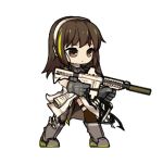  1girl arknights assault_rifle bangs brown_eyes brown_hair chibi commentary_request dairin expressionless full_body girls_frontline gloves green_hair gun headphones holding jacket long_hair lowres m4_carbine m4a1_(girls_frontline) multicolored_hair rifle solo streaked_hair weapon 