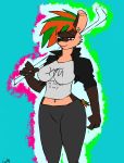  absurd_res anthro clothed clothing digital_media_(artwork) female female/female foxbl_(artist) hi_res hyenid looking_at_viewer mammal simple_background smile solo vivo_alde 