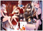 5girls absurdres admiral_graf_spee_(a_novel_anniversary)_(azur_lane) admiral_graf_spee_(azur_lane) alcohol azur_lane bare_legs bare_shoulders black_dress black_footwear black_hair blonde_hair blue_eyes blush bottle breasts candlestand cleavage collarbone copyright_name couch crossed_legs cup deutschland_(azur_lane) doll dress drink drinking_glass earrings english_text eyebrows_visible_through_hair friedrich_der_grosse_(azur_lane) friedrich_der_grosse_(zeremonie_of_the_cradle)_(azur_lane) graf_zeppelin_(azur_lane) hair_between_eyes hair_ornament hair_ribbon high_heels highres jewelry large_breasts legs lipstick living_room long_hair looking_at_viewer makeup medium_breasts medium_hair multicolored_hair multiple_girls one_eye_closed prinz_eugen_(azur_lane) prinz_eugen_(cordial_cornflower)_(azur_lane) red_eyes ribbon roon_(azur_lane) roon_(dark_red_grin)_(azur_lane) shoes short_hair silver_hair smile thighs tongue tongue_out two-tone_hair usatorii white_hair wine wine_bottle wine_glass yellow_eyes 