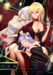  3girls :o alcohol armlet azur_lane bangs bare_shoulders bismarck_(azur_lane) black_gloves black_legwear blonde_hair blue_eyes blue_hair blunt_bangs bottle bracelet breasts choker cleavage closed_eyes collarbone couch cross cup curtains dress drinking_glass earrings eyebrows_visible_through_hair feet_out_of_frame flower frilled_skirt frills gloves hair_between_eyes hair_ornament hairclip hand_on_another&#039;s_head holding indoors jewelry lap_pillow large_breasts long_hair lying medium_hair multiple_girls nevblindarts on_side open_mouth rose side_slit silver_hair sitting skirt sleeping sleeveless smile table thighhighs thighs tirpitz_(azur_lane) u-556_(azur_lane) white_dress white_hair window 