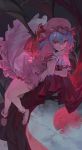  1girl bangs bat_wings dress hair_between_eyes hat highres lavender_hair looking_at_viewer mob_cap mossi pink_dress pink_headwear red_eyes remilia_scarlet short_hair smile solo touhou v-shaped_eyebrows wings 