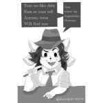  1:1 clothing dialogue english_text fedora hair hat headgear headwear knife mammal necktie rolled_up_sleeves shirt_collar solo tem temmie_(undertale) text undertale video_games white_body 