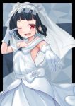  1girl ;d bare_shoulders black_border black_hair border breasts bridal_veil cleavage dress furrowed_eyebrows glint gloves hairband hand_up jewelry jitomi_monoe magnet necklace one_eye_closed open_mouth outline outstretched_arm pearl_necklace red_eyes ribs ring short_hair smile solo sparkle tears tenneko_yuuri veil virtual_youtuber voms wedding_dress wedding_ring white_dress white_gloves white_outline wiping_tears 