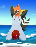  anthro armor avian beach censored creative_censorship dragonclaw36 feathers fletchinder hands_behind_head headgear helmet hi_res male nintendo nipples nude pok&eacute;mon pok&eacute;mon_(species) seaside solo tail_feathers video_games water 
