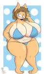  3_toes 5_fingers absurd_res anthro areola big_breasts bikini blue_bikini breasts clothing female fingers gesture hair hi_res huge_breasts june_(jinu) kingretrokirby mammal obese obese_female overweight overweight_female solo swimwear thick_thighs toes v_sign 