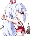  1girl animal_ears azur_lane bangs bare_arms blue_hair blush bottle brown_eyes bunny_ears closed_mouth cola dot_nose eyebrows_visible_through_hair fake_animal_ears holding holding_bottle laffey_(azur_lane) long_hair looking_at_viewer one_eye_closed ponytail simple_background sleeveless solo striped striped_swimsuit swimsuit thumbs_up tokisaka_ena upper_body white_background 