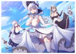  5girls absurdres ahoge anchor_choker apron azur_lane bangs bare_shoulders belfast_(azur_lane) between_breasts black_dress black_hairband blue_eyes blue_sky braid breasts broken broken_chain brown_footwear center_frills chain choker cleavage cloud collar collarbone commentary covered_nipples cowboy_shot day dido_(azur_lane) dress dress_lift elbow_gloves eyebrows_visible_through_hair formidable_(azur_lane) french_braid frilled_apron frilled_choker frilled_dress frilled_gloves frilled_skirt frilled_sleeves frills full_body garter_straps gloves grey_hair hair_ornament hair_ribbon hairband hand_on_own_chest hat high_heels highres illustrious_(azur_lane) lace-trimmed_hairband lace-trimmed_headwear lace_trim large_breasts lens_flare long_hair looking_at_viewer maid_apron maid_dress maid_headdress mole mole_under_eye multiple_girls neckwear_between_breasts ocean puffy_short_sleeves puffy_sleeves purple_eyes red_eyes ribbon ribbon-trimmed_legwear ribbon_trim sapphire_(gemstone) serelith short_hair short_sleeves shoulder_cutout sidelocks silver_hair sirius_(azur_lane) skindentation skirt skirt_lift sky sleeveless sleeveless_dress smile standing standing_on_liquid strapless strapless_dress sun_hat swept_bangs thighhighs tress_ribbon twintails twitter_username two-tone_dress two-tone_ribbon underboob underboob_cutout vambraces very_long_hair waist_apron white_apron white_dress white_gloves white_hair white_headwear white_legwear 