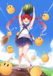  1girl ahoge arms_up azur_lane bandaid bandaid_on_knee bangs bird blue_skirt blue_sky blush canteen chick cloud collared_shirt commentary day dirt_road eyebrows_visible_through_hair floating_hair flying food fruit full_body gradient gradient_background grass hair_ribbon hat hat_removed headwear_removed highres holding honolulu_(azur_lane) irohasu manjuu_(azur_lane) open_mouth orange_eyes outdoors pleated_skirt red_hair ribbon road sailor_collar school_uniform serafuku shirt shoes short_sleeves skirt sky smile standing standing_on_one_leg straw_hat symbol-shaped_pupils thighs twintails v-shaped_eyebrows watermelon white_shirt younger 