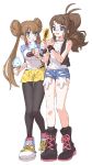  2girls ankea_(a-ramo-do) antenna_hair black_footwear black_legwear blue_eyes blue_shorts blue_sleeves blush boots brown_hair double_bun floating_hair food full_body high_ponytail highres ice_cream legwear_under_shorts long_hair mei_(pokemon) multiple_girls open_mouth pantyhose poke_ball_print pokemon pokemon_(game) pokemon_bw pokemon_bw2 print_shirt shiny shiny_hair shirt short_shorts shorts simple_background sleeveless sleeveless_shirt standing sweat torn_clothes torn_shorts touko_(pokemon) twintails very_long_hair white_background white_shirt yellow_shorts yuri 