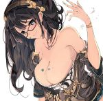  1girl bare_shoulders bracelet breasts brown_eyes choker cleavage collarbone earrings glasses granblue_fantasy hairband highres illnott jewelry large_breasts long_hair looking_at_viewer necklace off_shoulder paint smirk solo venomrobo 
