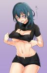  1girl asao_(vc) black_shorts blue_eyes blue_hair breasts byleth_(fire_emblem) byleth_(fire_emblem)_(female) cleavage cleavage_cutout commentary_request fire_emblem fire_emblem:_three_houses midriff navel open_mouth short_shorts short_sleeves shorts simple_background solo sweat underboob 