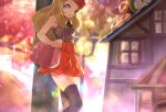  1girl ankea_(a-ramo-do) black_legwear black_shirt brown_hair clock hat long_hair looking_at_viewer low-tied_long_hair miniskirt outdoors parted_lips pleated_skirt pokemon pokemon_(game) pokemon_xy purple_eyes red_headwear red_skirt serena_(pokemon) shirt skirt sleeveless sleeveless_shirt solo standing thighhighs zettai_ryouiki 