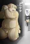  2020 anthro balls belly blush brown_body brown_fur canid canine canis domestic_dog duo erection fur genitals hi_res japanese_text kemono kiyo male mammal moobs navel nipples overweight overweight_male penis text 