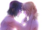  1boy 1girl backlighting black_hair blonde_hair blue_eyes brown_eyes cagalli_yula_athha couple eye_contact from_side gundam gundam_seed hand_in_another&#039;s_hair looking_at_another nude open_mouth parubinko short_hair upper_body 