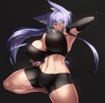  animal_ears blue_eyes breasts cleavage cleavage_cutout covered_nipples detached_sleeves elbow_gloves elbowing eyebrows_visible_through_hair eyes_visible_through_hair fighting_stance fingerless_gloves gloves highres huge_breasts indigo_(tylwing) latex lavender_hair leg_up looking_to_the_side midriff original shorts sweat tylwing 