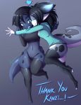  2019 animal_humanoid black_hair blue_body blue_eyes blue_scales clothed clothing dragon dragon_humanoid duo female grey_body grey_scales hair hazeker hoodie horn hug humanoid kissing_cheek legwear long_ears long_tail ruuji scales simple_background smile smolder text thick_thighs thigh_highs thong toeless_legwear topwear underwear white_body white_scales wide_hips 