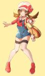  1girl ankea_(a-ramo-do) blue_shorts bow brown_eyes brown_hair closed_mouth collarbone floating_hair full_body hair_bow hat highres holding holding_poke_ball kotone_(pokemon) long_hair outstretched_arm poke_ball pokemon pokemon_(game) pokemon_hgss red_bow red_footwear red_shirt shiny shiny_hair shirt short_shorts shorts simple_background smile solo standing suspender_shorts suspenders thighhighs white_headwear white_legwear yellow_background 