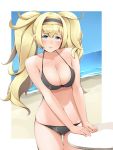  1girl alternate_costume beach befu bikini blonde_hair blue_eyes blush breasts commentary_request day eyebrows_visible_through_hair gambier_bay_(kantai_collection) hairband highres kantai_collection large_breasts long_hair looking_at_viewer navel ocean outdoors sand solo string_bikini swimsuit twintails water 