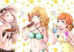  3girls annette_fantine_dominic bikini blonde_hair blue_eyes breasts chopsticks cleavage closed_eyes cup drinking_straw eating ebi_puri_(ebi-ebi) fire_emblem fire_emblem:_three_houses flower green_eyes hair_flower hair_ornament hat holding holding_chopsticks holding_cup holding_plate ingrid_brandl_galatea long_hair low_ponytail mercedes_von_martritz multiple_girls one-piece_swimsuit open_mouth plate swimsuit twintails upper_body 