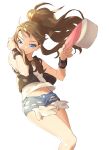  1girl ankea_(a-ramo-do) blue_eyes blue_shorts brown_hair denim denim_shorts floating_hair hat hat_removed headwear_removed highres holding holding_hat long_hair midriff navel parted_lips pokemon pokemon_(game) pokemon_bw ponytail shiny shiny_hair shirt short_shorts shorts simple_background sleeveless sleeveless_shirt solo standing stomach torn_clothes torn_shorts touko_(pokemon) very_long_hair white_background white_shirt wristband 