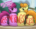  2020 anus berry_punch_(mlp) bodypaint butt carrot_top_(mlp) dialogue dock duo earth_pony english_text equid equine eyelashes female friendship_is_magic genitals hasbro horse jcosneverexisted looking_at_viewer looking_back mammal my_little_pony nude pony presenting pussy sitting text 