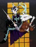  1boy black_hair bone cape creature crossover drawr gen_1_pokemon holding holding_bone holding_sword holding_weapon judas_(tales) male_focus marowak mask nishihara_isao pokemon pokemon_(creature) purple_eyes short_hair smile sword tales_of_(series) tales_of_destiny_2 translation_request weapon 