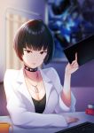  1girl absurdres black_hair black_shirt book brown_eyes choker cleavage_cutout closed_mouth collar cup curtains desk highres jewelry keyboard_(computer) labcoat mug necklace persona persona_5 raise094 shirt short_hair smile studded_choker studded_collar table takemi_tae 