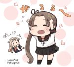  2girls ayanami_(kantai_collection) black_ribbon blonde_hair blush blush_stickers brown_hair brown_sailor_collar chibi claw_pose closed_eyes commentary_request dated eyebrows_visible_through_hair hair_flaps hair_ornament hair_ribbon hairclip kantai_collection kirigaya_yuuji long_hair looking_at_another multiple_girls open_mouth remodel_(kantai_collection) ribbon sailor_collar scarf school_uniform serafuku side_ponytail simple_background skirt smile twitter_username white_scarf yuudachi_(kantai_collection) 