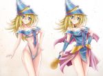  1girl adapted_costume bangs bikini blonde_hair blue_bikini blue_dress blush breasts choker cleavage closed_mouth collarbone contrapposto cowboy_shot dark_magician_girl dress floating_hair green_eyes groin hair_between_eyes hand_on_hip highleg highleg_bikini highres holding holding_staff long_hair looking_at_viewer medium_breasts no_panties off-shoulder_dress off_shoulder r-binon shiny shiny_hair simple_background smile staff standing swimsuit underboob variations white_background yuu-gi-ou 