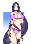  1girl absurdres armlet bangs bare_shoulders beads bikini black_gloves black_legwear blush breasts choker cleavage collarbone eyepatch_bikini fate/grand_order fate_(series) gloves hand_on_own_chest highres large_breasts long_hair looking_at_viewer low-tied_long_hair minamoto_no_raikou_(fate/grand_order) minamoto_no_raikou_(swimsuit_lancer)_(fate) open_mouth parted_bangs purple_bikini purple_eyes purple_hair rope single_glove single_thighhigh swimsuit thighhighs thighs very_long_hair zatsu 