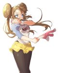  1girl ankea_(a-ramo-do) bangs black_legwear blue_eyes blue_sleeves brown_hair floating_hair hair_between_eyes highres holding long_hair mei_(pokemon) pantyhose poke_ball_print pokemon pokemon_(game) pokemon_bw2 print_shirt shiny shiny_hair shirt short_shorts shorts simple_background solo standing very_long_hair visor_cap white_background white_shirt yellow_shorts 