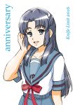  1girl 2016 :d asakura_ryouko bangs blue_sailor_collar blue_skirt collarbone collared_shirt eyebrows_visible_through_hair fujita_(speedlimit) grey_eyes grey_hair hair_intakes hand_in_hair highres kita_high_school_uniform long_hair mechanical_pencil neck_ribbon open_mouth pencil red_ribbon ribbon sailor_collar sailor_shirt school_uniform shiny shiny_hair shirt short_sleeves simple_background skirt smile solo standing suzumiya_haruhi_no_shoushitsu suzumiya_haruhi_no_yuuutsu white_background white_shirt 