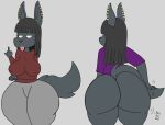 anthro anubian_jackal big_breasts big_butt black_body black_fur black_hair bottomless breasts butt canid canine canis clothed clothing crackalacking curvy_figure ear_piercing female fur gesture hair hi_res huge_butt jackal looking_at_viewer mammal middle_finger nightshade_(kadath) nipple_outline piercing solo thick_thighs tongue tongue_out topwear voluptuous wide_hips 