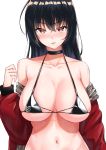  1girl absurdres ahoge azur_lane bangs bikini black_bikini black_choker black_hair breasts choker cleavage crossed_bangs hair_between_eyes highres jacket large_breasts long_hair looking_at_viewer maki_(pixiv9288678) multi-strapped_bikini navel open_clothes open_jacket parted_lips race_queen red_eyes red_jacket swimsuit taihou_(azur_lane) taihou_(enraptured_companion)_(azur_lane) white_background 