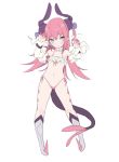  1girl :o arm_up armpits bangs bare_shoulders bikini blade_(galaxist) blue_eyes blue_ribbon blush boots claw_pose curled_horns detached_sleeves dragon_girl dragon_horns dragon_tail elizabeth_bathory_(fate) elizabeth_bathory_(fate)_(all) eyebrows_visible_through_hair fate/extra fate/extra_ccc fate_(series) flying_sweatdrops frilled_bikini frills full_body grey_footwear hair_between_eyes hair_ribbon hand_up highleg highleg_bikini horns knee_boots long_hair long_sleeves looking_at_viewer micro_bikini navel parted_lips pink_bikini pink_hair ribbon side-tie_bikini simple_background solo spiked_boots standing swimsuit tail two_side_up very_long_hair white_background white_sleeves 