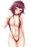  1girl arm_behind_back blush breasts brown_eyes choker cleavage collarbone cowboy_shot groin hair_intakes hair_ornament highres izayoi_aki large_breasts looking_at_viewer navel open_mouth r-binon red_hair red_swimsuit shiny shiny_hair short_hair_with_long_locks sideboob sidelocks simple_background slingshot_swimsuit solo standing sweatdrop swimsuit white_background yuu-gi-ou yuu-gi-ou_5d&#039;s yuu-gi-ou_gx 