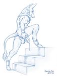  anubian_jackal anubis anus balls blue_and_white canine cum deity egyptian egyptian_mythology erection jackal male mammal monochrome mythology nude penis plain_background precum sketch smirk solo stairs taurin_fox white_background 