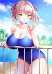  1girl blue_swimsuit breast_press breasts brown_hair candy cleavage cloud food green_eyes highres large_breasts lollipop long_hair one-piece_swimsuit original outdoors pool poolside railing ribbon sky solo swimsuit thick_thighs thighs tsukumiya_amane twintails 