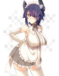  1girl alternate_costume apron blush breasts brown_eyes closed_mouth elbow_gloves eyebrows_visible_through_hair eyepatch gloves hair_over_one_eye hand_on_hip kantai_collection kotobuki_(momoko_factory) large_breasts looking_at_viewer maid maid_apron maid_headdress messy_hair purple_hair short_hair sleeveless solo tenryuu_(kantai_collection) thighhighs twitter_username white_gloves white_legwear 