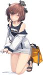  1girl bag brown_eyes brown_hair duplicate full_body headgear hood hoodie kantai_collection kneeling long_sleeves official_art one_eye_closed open_mouth sandals school_swimsuit shizuma_yoshinori short_hair smile solo speaking_tube_headset squeezing swimsuit swimsuit_under_clothes torpedo transparent_background white_hoodie yukikaze_(kantai_collection) 