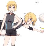  black_shorts blonde_hair blue_eyes blush breasts erica_hartmann eyebrows_visible_through_hair grin hand_on_hip highres open_mouth parted_lips sayama_(chiwan0830) shiny shiny_hair shiny_skin short_hair shorts simple_background small_breasts smile sportswear standing strike_witches teeth volleyball volleyball_uniform white_background world_witches_series 