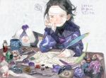  1boy annoyed bandage_on_face bandages bandaid bandaid_on_cheek bandaid_on_face bandaid_on_finger bandaid_on_forehead black_hair blood bloody_bandages chin_rest cup desk drawr gem grimace injury melynx messy_hair monster_hunter mug nishihara_isao paper quill scissors short_hair sweat translation_request writing 
